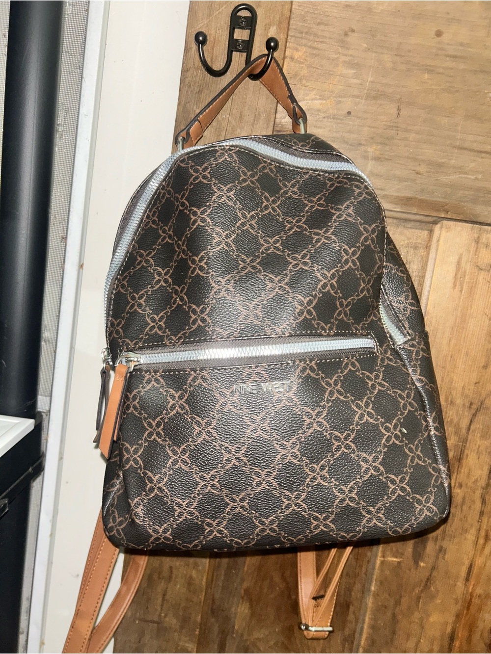 Nine West Brown Monogram Pattern Backpack with Tan Accents